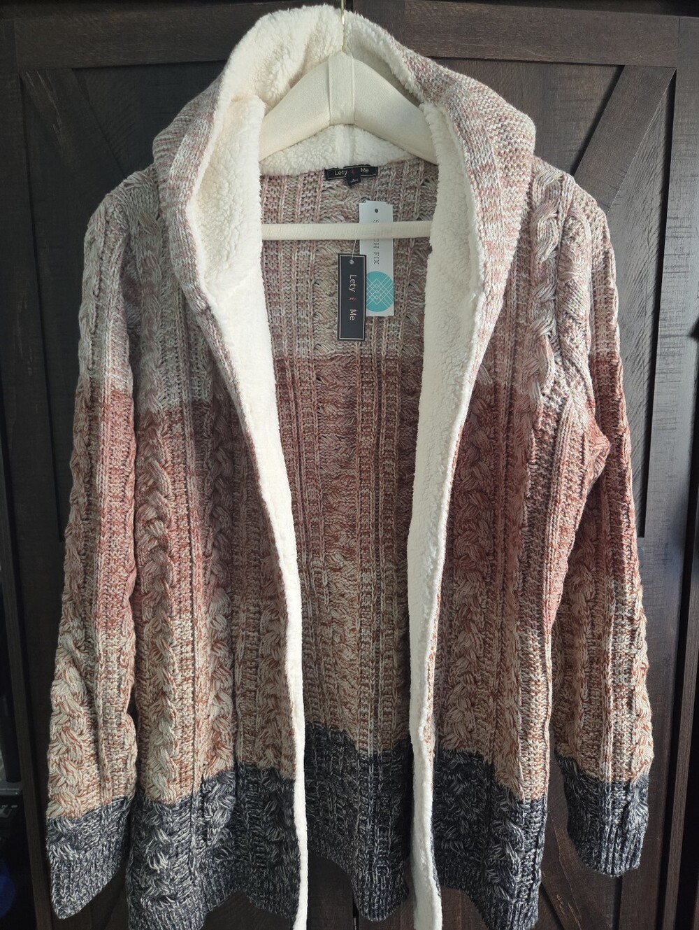 Cozy Hooded Cable-Knit Ombre Cardigan with Sherpa Lining - Pink/Brown/Gray